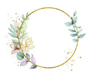 Elegant gold ring with botanical watercolor elements and black background