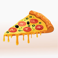 Cartoon Pizza Slice with Melting Cheese, Tomato, Olives, and Seasoning on Golden Crust in Appetizing Style