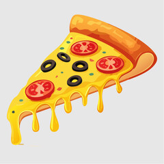 Cartoon Pizza Slice with Melting Cheese, Tomato, Olives, and Seasoning on Golden Crust in Appetizing Style