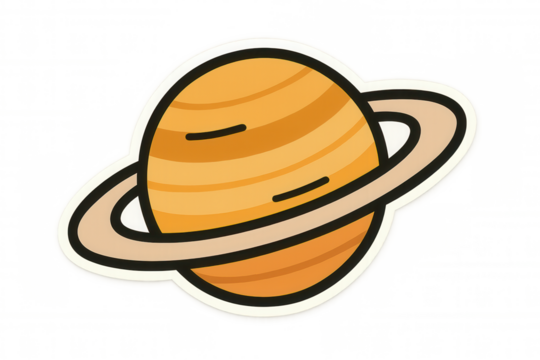 Cartoon saturn planet with rings, featuring an outer space solar system concept sticker illustration