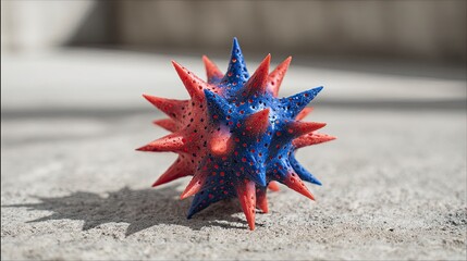 Colorful Spiked Sea Urchin on Sandy Beach with Bright Blue and Red Colors
