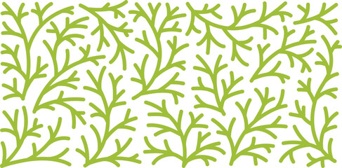 Hand-Drawn Pattern Banner with Cypress Branches and Cones Line Art Elements in Lime Green Color