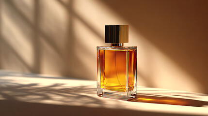 Naklejka premium Luxury Amber Perfume Bottle Illuminated by Soft Sunlight