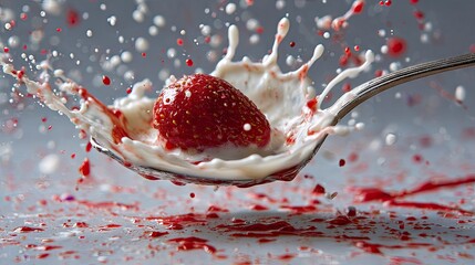 Strawberry Dropped in Cream Splash with Red Juice on Gray Surface