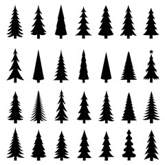 Obraz premium Elegant black Christmas tree silhouette collection on white backdrop, vector graphics for festive season design, holiday cards, winter themes, and decorative elements