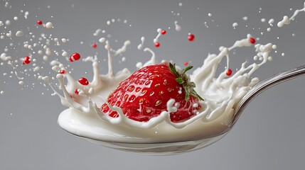 Fresh Red Strawberry Splashing in Milk on Silver Spoon