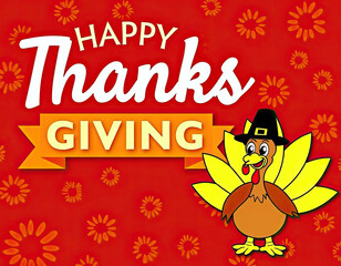 Happy Thanksgiving message with a cheerful cartoon turkey wearing a pilgrim hat standing on a vibrant background for giving thanks.