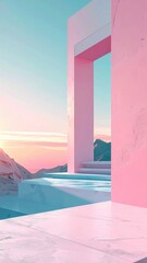 Fototapeta premium Pink wall mountain view vibrant pink wall provides striking foreground to breathtaking panorama of rugged mountains