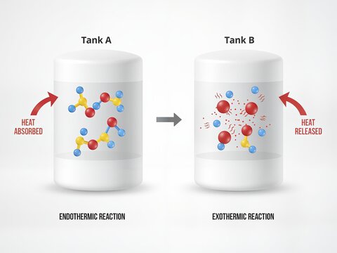 Diagram of a reversible chemical reaction used for thermal energy storage. It shows an endothermic reaction (Tank A: heat absorbed) and an exothermic reaction (Tank B: heat released).