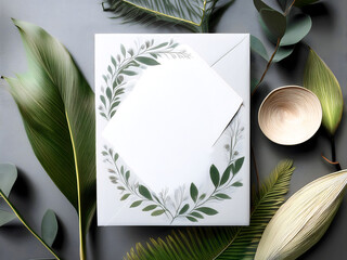 Gray Wedding Invitation Mockup with Olive Leaf Wreath