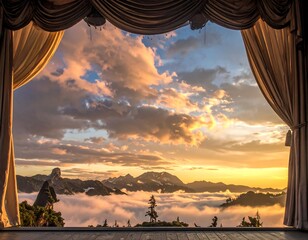 A stage curtain framing a stunning sunset over misty mountains
