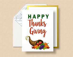 A cheerful Thanksgiving greeting card displays a beautiful cornucopia overflowing with colorful autumn harvest produce, perfect for expressing thanks and giving.
