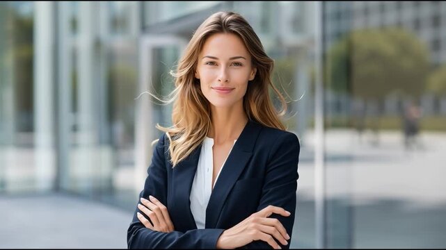 Confident woman in business attire smiles while standing outside modern office building, exuding professionalism and approachability.
