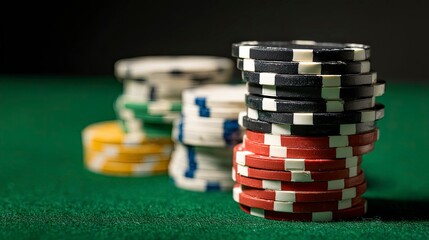 Stacked Poker Chips on Green Felt Table in Casino Setting