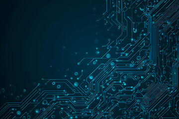Abstract image of a glowing futuristic circuit board featuring neon blue lines, digital patterns, and intricate technology-inspired details.