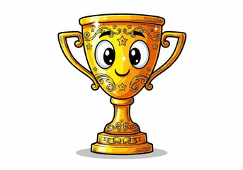 Cute Golden Trophy Character with Happy Face and Star Decorations.