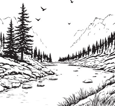Black and white vector illustration of tranquil mountain landscape with river, pine trees, rocks, and birds