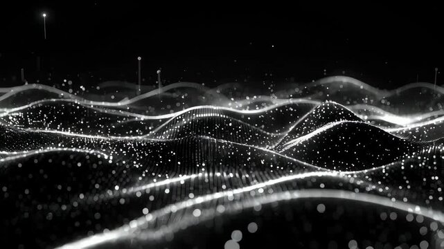 Abstract digital landscape of glowing white particles forming flowing waves on a black background.