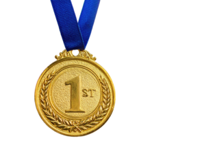 A gold medal with a blue ribbon symbolizing achievement, set against a black background