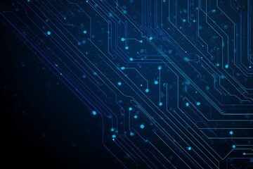 Abstract image of a glowing futuristic circuit board featuring neon blue lines, digital patterns, and intricate technology-inspired details.