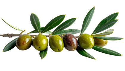 Olive Branch's Natural Essence: A close-up shot of a fresh olive branch, showcasing a collection of green and purple olives, still attached to the stem and leaves.