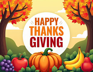 This joyful illustration represents thanks and giving with a rich autumn harvest, featuring seasonal fruits, vegetables, and colorful trees.