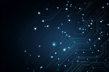 Abstract image of a glowing futuristic circuit board featuring neon blue lines, digital patterns, and intricate technology-inspired details.