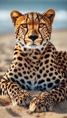 Obraz premium a striking close-up portrait of a cheetah with intense golden eyes resting on a sandy terrain.