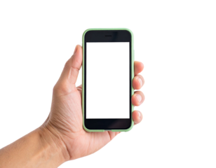 A hand holds a smartphone with a blank white screen against a stark black background