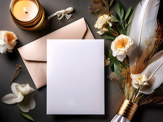 Elegant Blank Invitation Card with Floral and Feather Decor