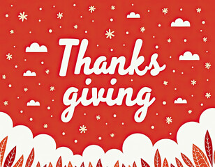 A festive red background with white clouds, stars, and autumn leaves proudly displays "Thanksgiving" text, celebrating the holiday season with warm grateful spirit.