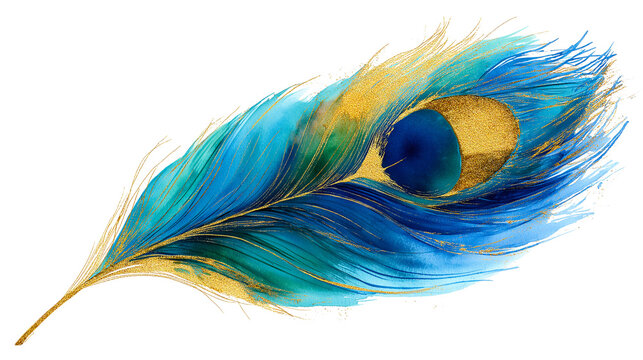 Watercolor peacock feather illustration, hand-painted in vibrant blue, green, and gold tones. Isolated on a transparent background, ideal for design, decor, and commercial use.