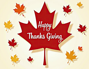 This festive autumn design displays a large red maple leaf with 'Happy Thanks Giving' lettering, surrounded by colorful small fall leaves.