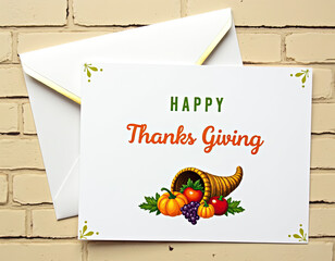 A Happy Thanksgiving greeting card featuring a festive cornucopia filled with autumn harvest produce is beautifully displayed on a simple background.