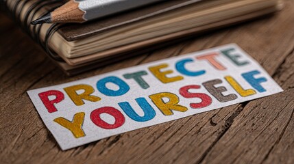 Colorful Handwritten Protect Yourself Sign on Wooden Surface with Notebooks