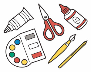 Various art and craft supplies including paint, brushes, and scissors