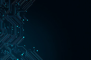 Abstract image of a glowing futuristic circuit board featuring neon blue lines, digital patterns, and intricate technology-inspired details.