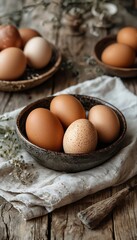 a rustic still life featuring speckled and brown eggs nestled in handmade ceramic bowls on a weathered wooden surface with a linen cloth.