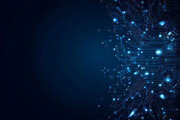 Abstract image of a glowing futuristic circuit board featuring neon blue lines, digital patterns, and intricate technology-inspired details.