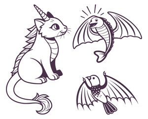 fantastic creatures in black and white drawing