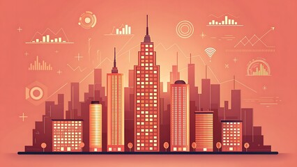 Modern city skyline illustration with data analytics and technology icons in orange tones  
