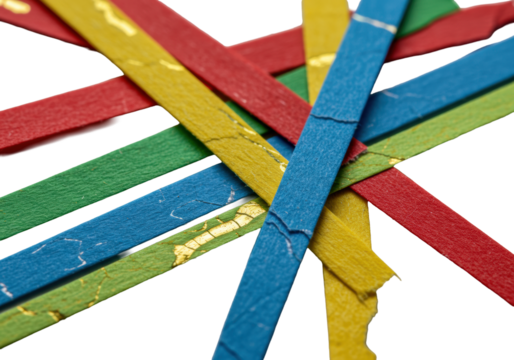 Extreme macro close-up of vibrant red, green, blue, yellow confetti strips with frayed and metallic textures, showing thickness on a transparent background with soft shadows, concept of material study