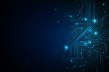 Abstract image of a glowing futuristic circuit board featuring neon blue lines, digital patterns, and intricate technology-inspired details.