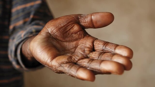 An outstretched dark-skinned hand with palm up and fingers relaxed, as if offering or waiting.