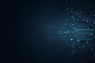 Abstract image of a glowing futuristic circuit board featuring neon blue lines, digital patterns, and intricate technology-inspired details.