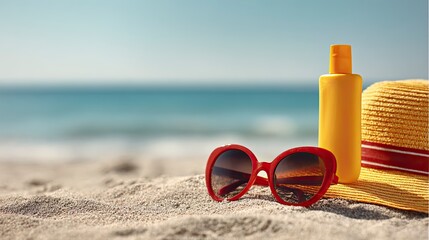 Beach Accessories Sunglasses Sunhat Sunscreen Bottle on Sandy Beach