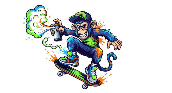 Cool monkey skateboarding and spray painting vibrant graffiti art for urban culture designs, edgy street style, and expressive creative projects