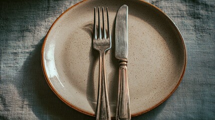 Empty Ceramic Plate with Fork and Knife on Gray Cloth Tablecloth