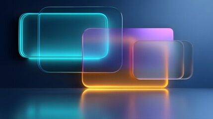 Futuristic glassmorphism finance interface with floating translucent panels, neon turquoise glow, and elegant gradient space, blending innovation, clarity, and modern technology.