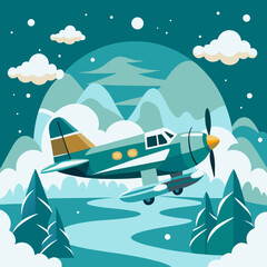 Vector illustration of a small propeller airplane flying over a snowy mountain landscape – winter aviation travel graphic in flat design style